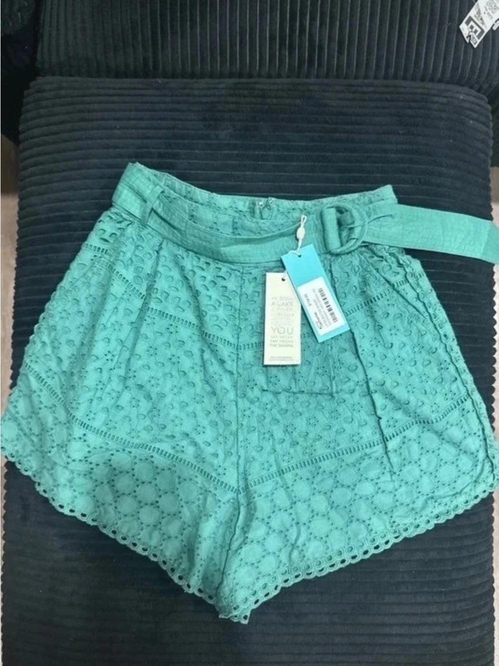 High-Waist Eyelet Lace Shorts in Teal with Belt